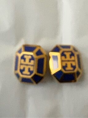 Tory Burch Royal Blue and Gold Octagon Logo clip on Earrings